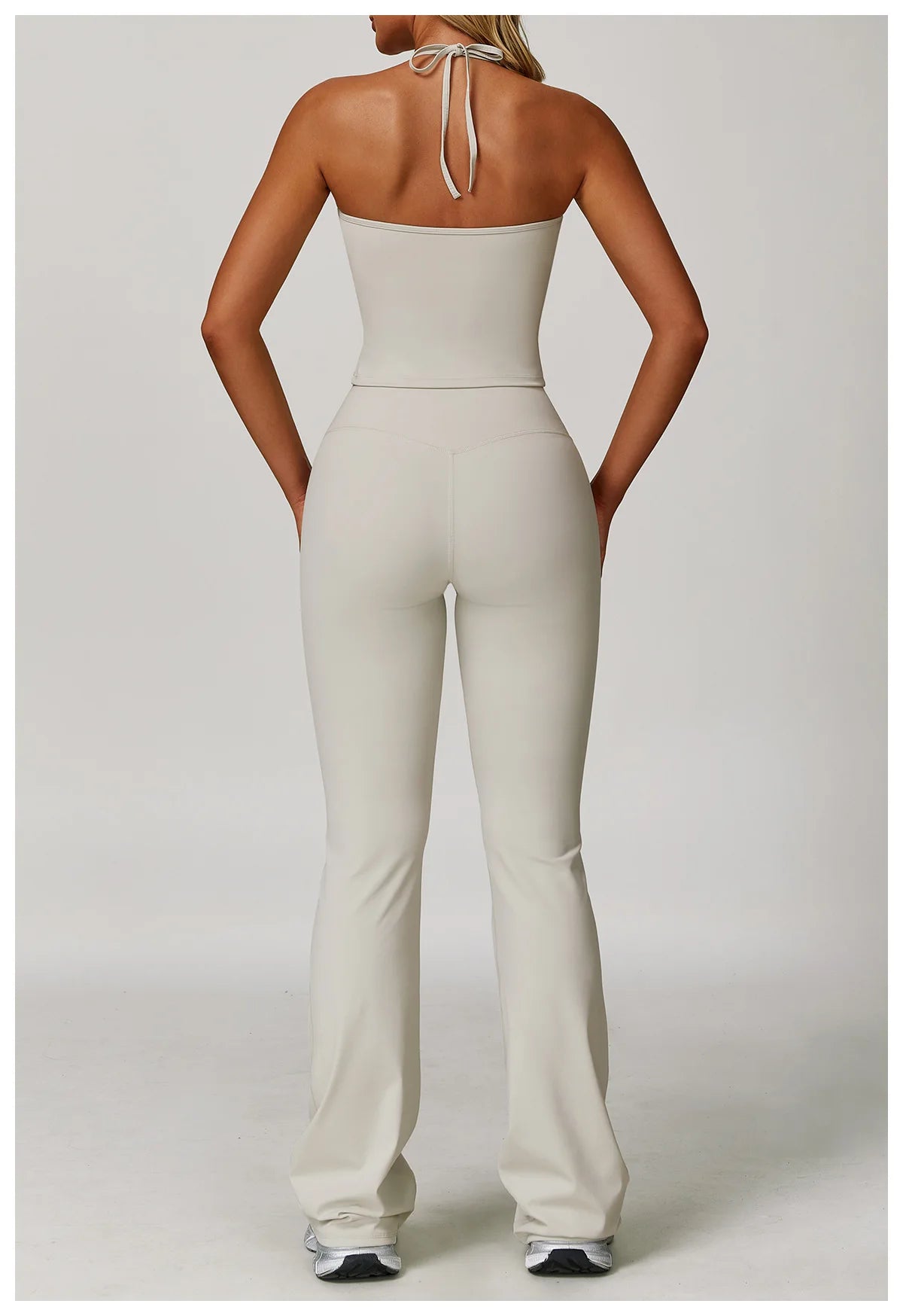 Xooie Fit Halter Tank High-Waisted Flared Pants Activewear Set in Neutral Color for Comfortable Movement