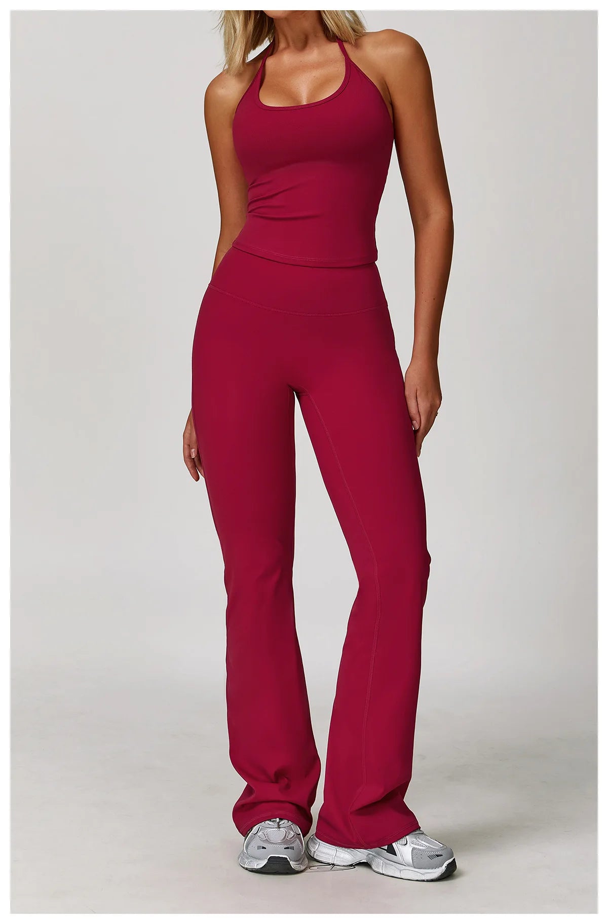Xooie Fit Halter Tank High-Waisted Flared Pants Activewear Set in Burgundy for Stylish Workouts