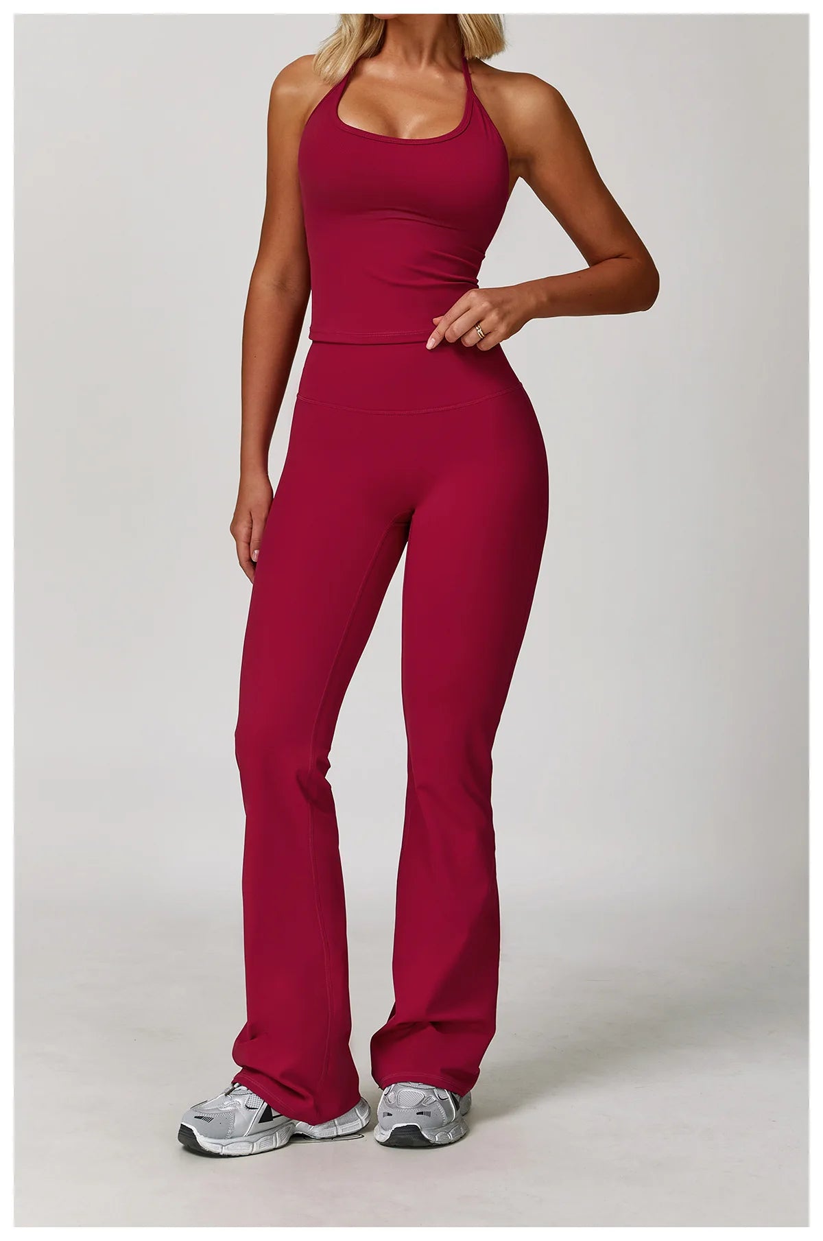 Xooie Fit Halter Tank High-Waisted Flared Pants Activewear in Burgundy for Stylish Workouts
