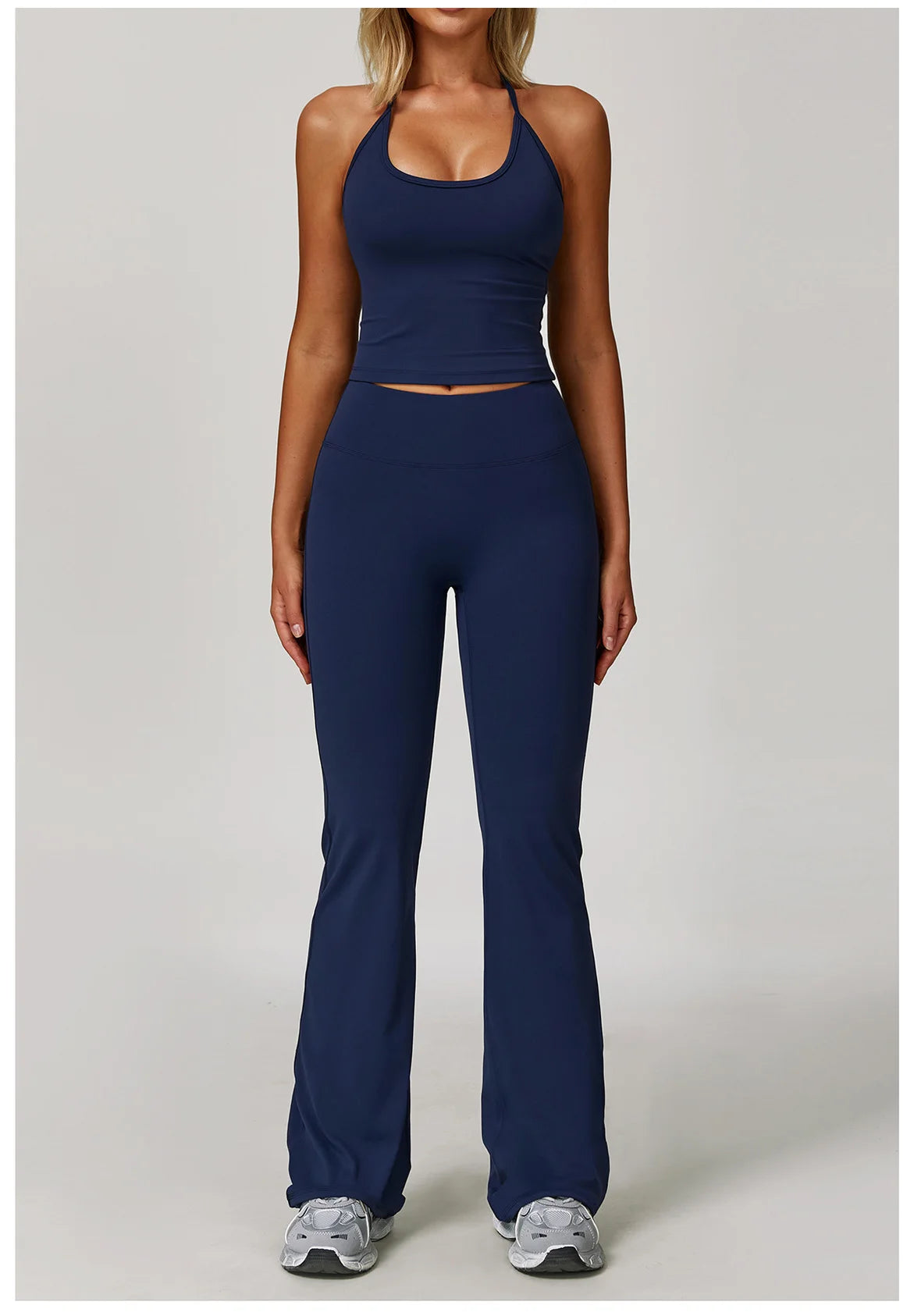 Xooie Fit Halter Tank High-Waisted Flared Pants Activewear Set in Navy Blue for Comfort and Style