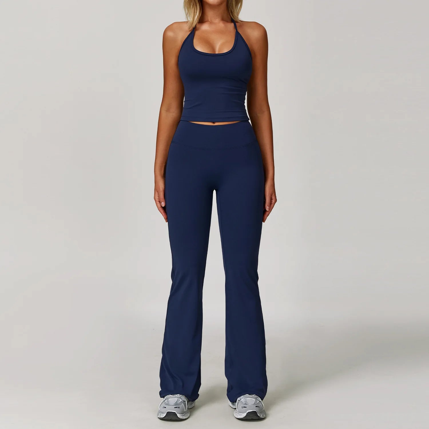 Xooie Fit Two-Piece Set with Halter Tank and High-Waisted Flared Pants for Activewear