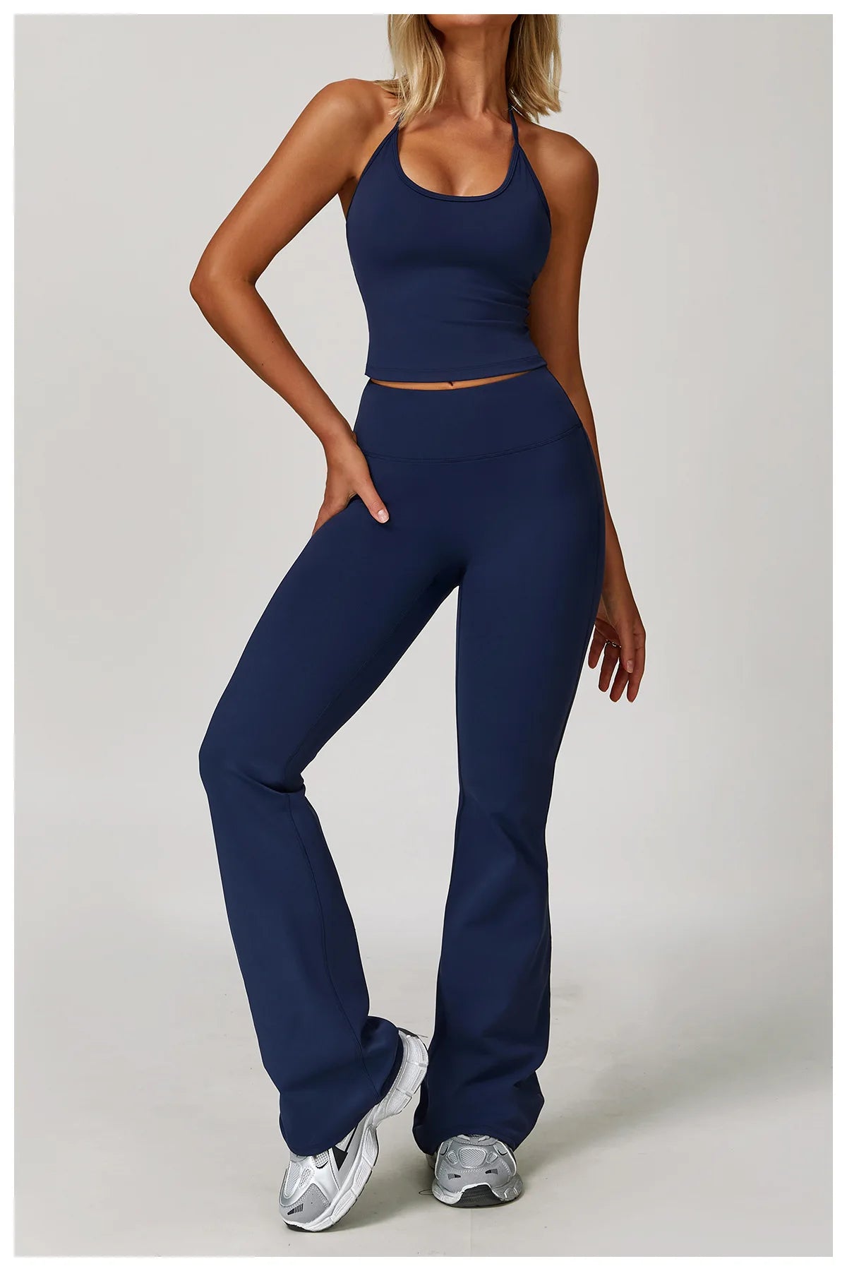 Xooie Fit Halter Tank High-Waisted Flared Pants Activewear Set in Navy for Comfortable Workouts