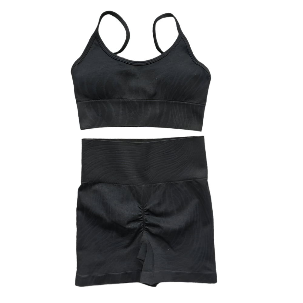 Xooie Fit high-performance activewear bra and shorts set in black for ultimate comfort and support