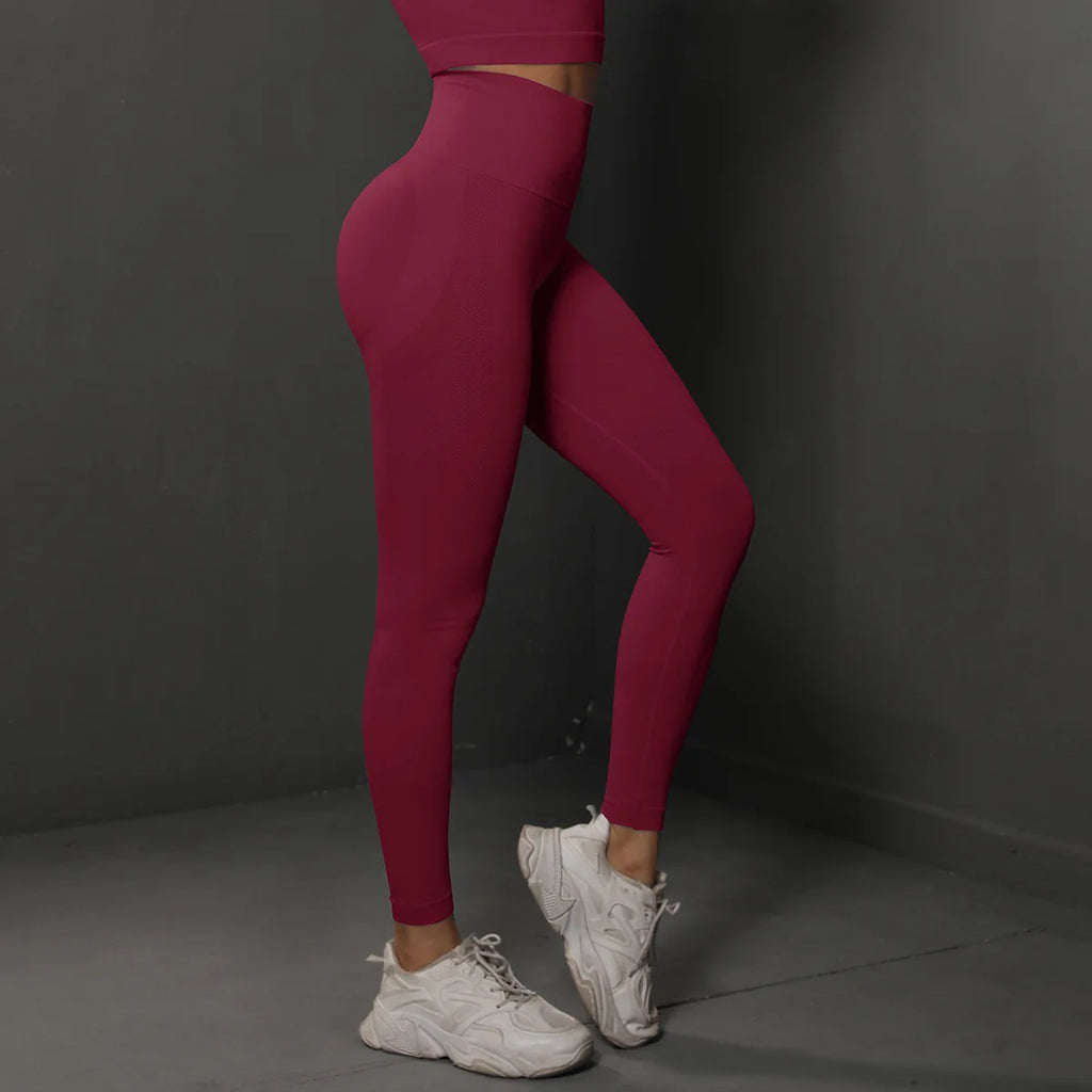 High-waist yoga leggings, deep wine red, back view with contoured hip area