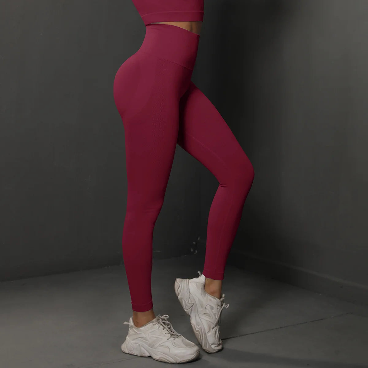 High-waist yoga leggings, deep wine red, back view with contoured hip area