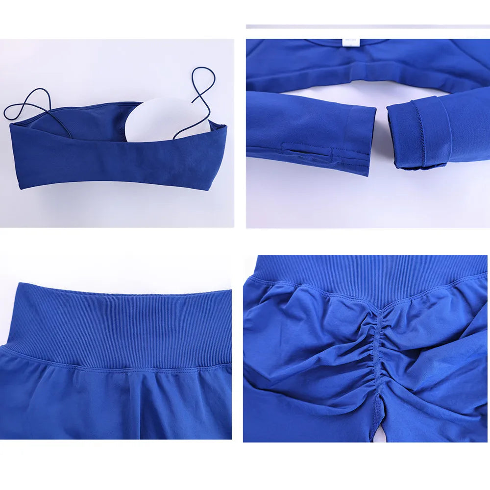 Xooie Fit women's 3 piece activewear set featuring a sports bra, top, and leggings in royal blue