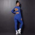 Screen Blue Active Set from back: sports bra and long-sleeve cover with high-rise leggings