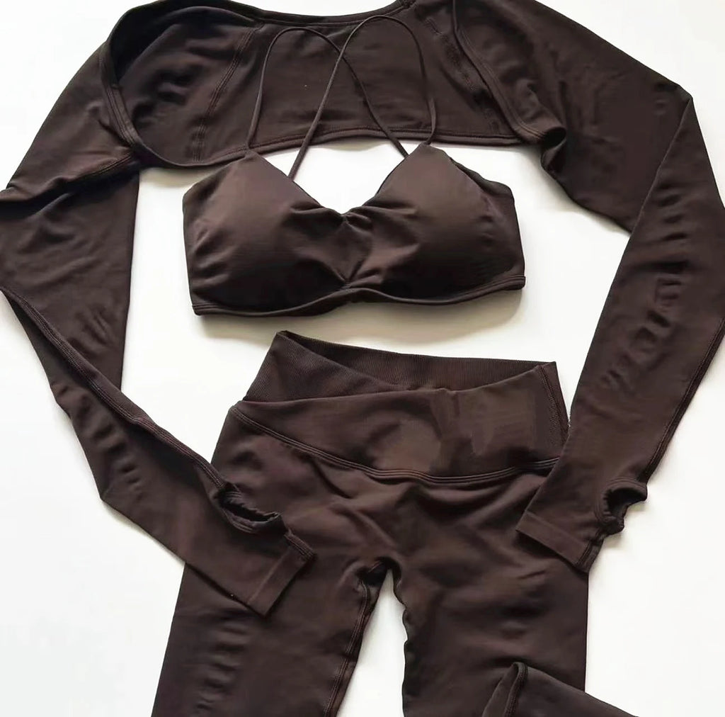 Xooie Fit women's 3-piece activewear set in brown featuring a crop top, sports bra, and high-waist leggings