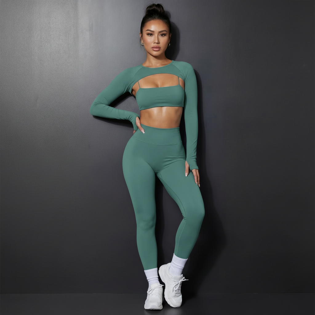Stylish women's 3 piece activewear set in green featuring a long sleeve top, crop top, and leggings