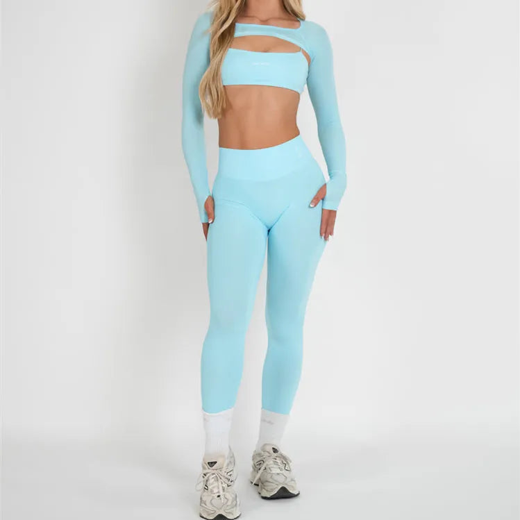 Xooie Fit women's 3 piece activewear set in light blue featuring a long-sleeve top and high-waisted leggings