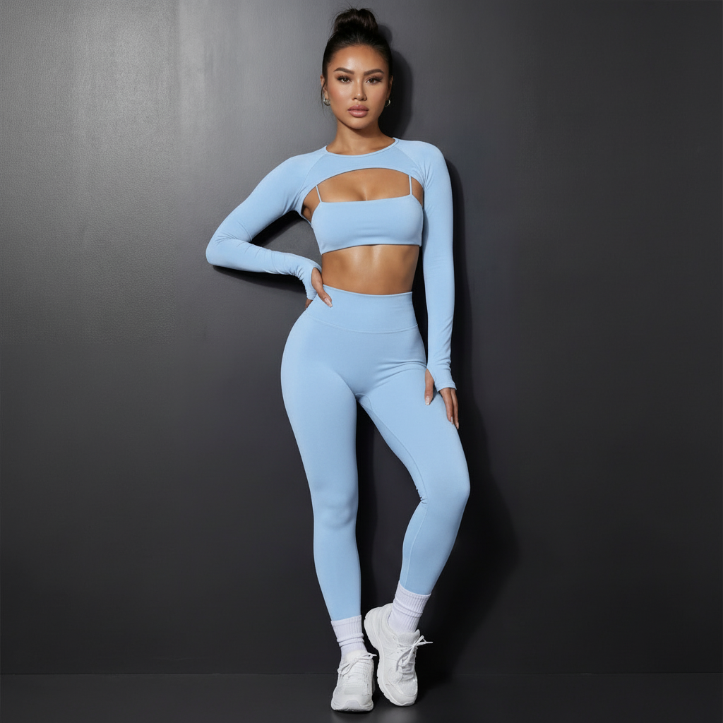 Xooie Fit women's 3 piece activewear set in light blue featuring long sleeves and high-waisted leggings