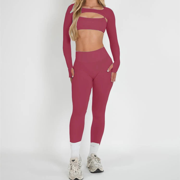 Stylish women's 3 piece activewear set in deep pink featuring a long sleeve top and high-waisted leggings