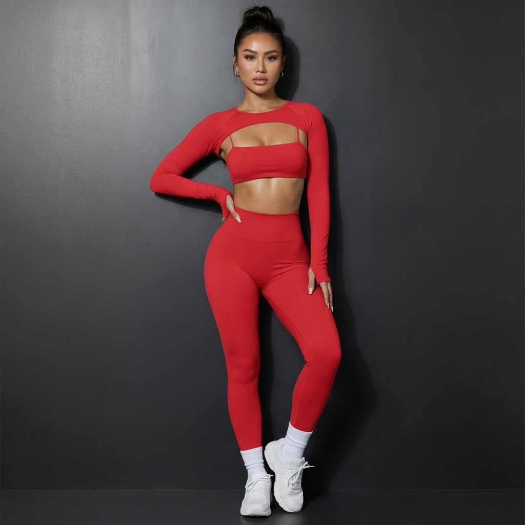 Xooie Fit women's 3 piece activewear set in red featuring a long sleeve crop top, sports bra, and high-waisted leggings
