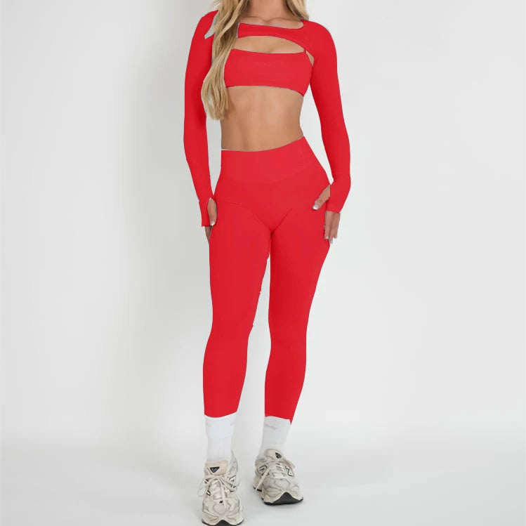 Xooie Fit women's 3 piece activewear set in red featuring a crop top and high-waisted leggings