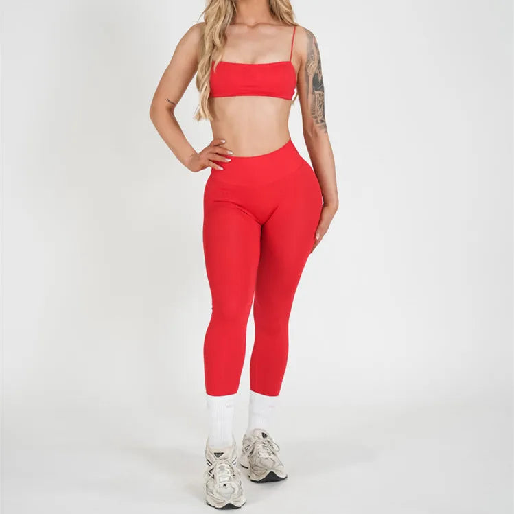 Xooie Fit women's 3 piece activewear set in red, including a crop top and high-waisted leggings