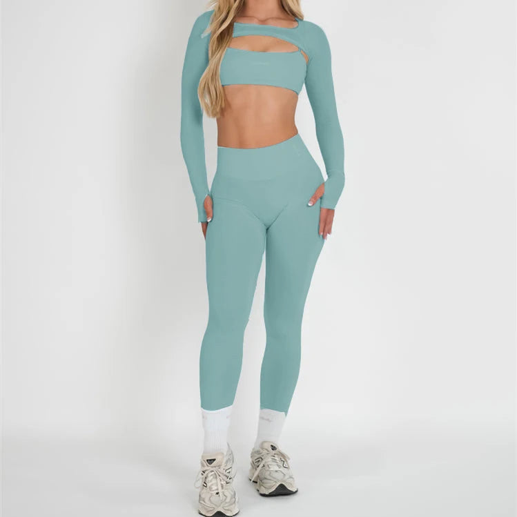 Xooie Fit women's 3 piece activewear set in teal with stylish cut-out and high-waisted leggings