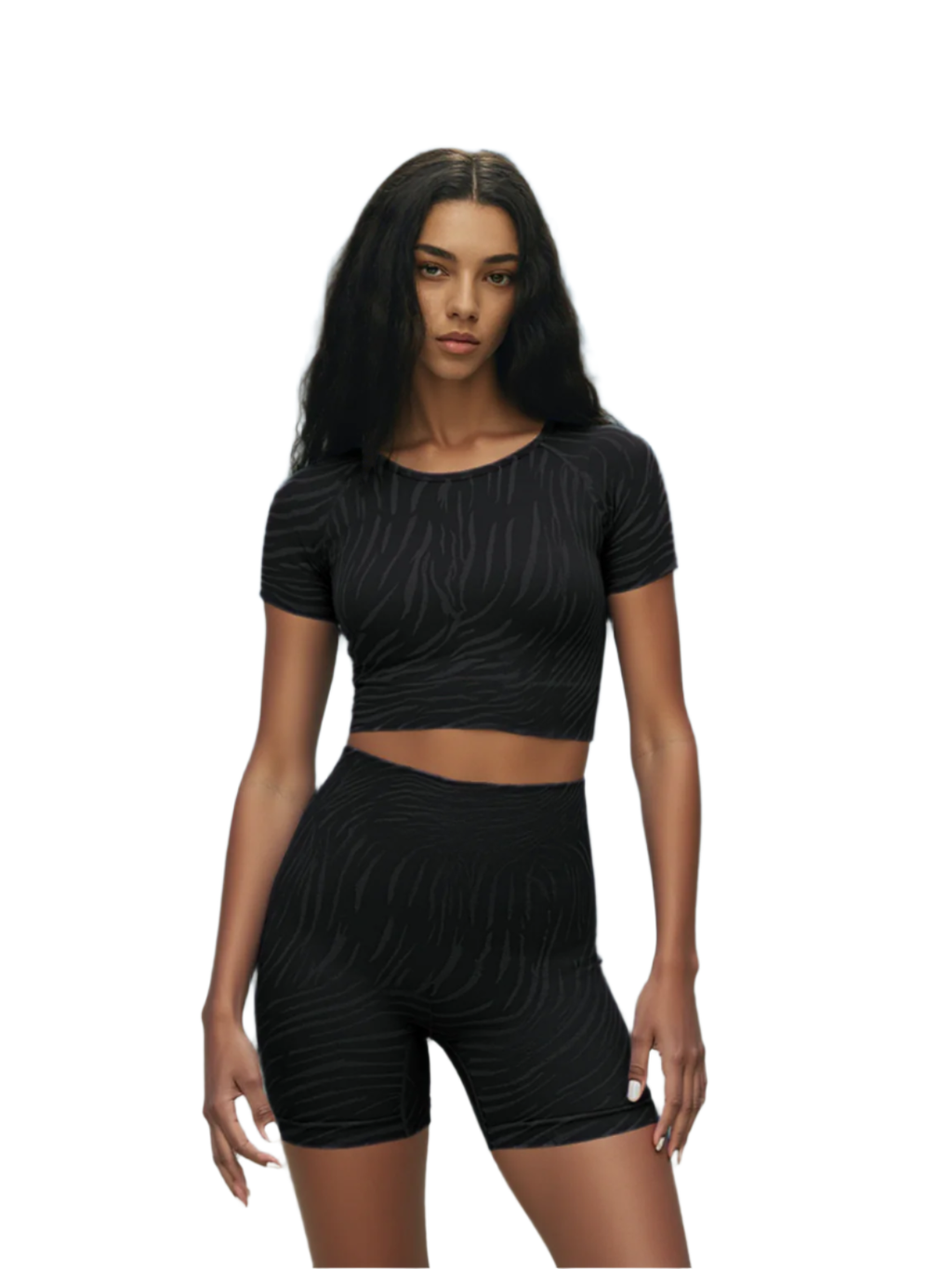 Xooie Fit women's fitted activewear set in black with a short sleeve top and high-waisted shorts