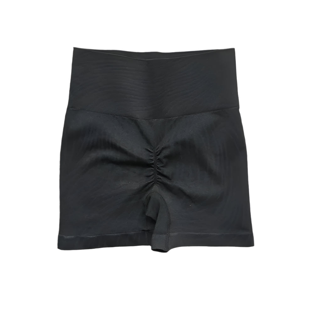 Xooie Fit women's fitted activewear set featuring stylish black shorts with gathered detail