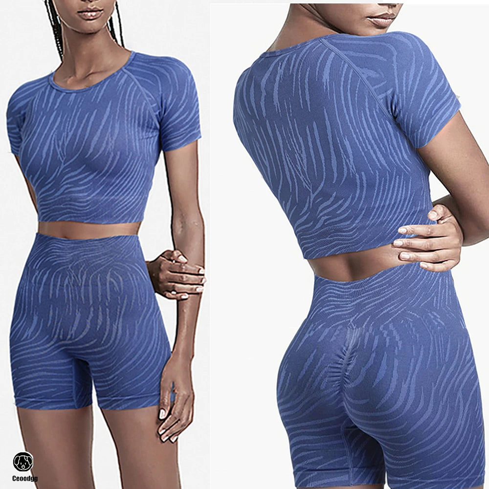 Xooie Fit women's fitted activewear set in blue featuring a cropped top and high-waisted shorts
