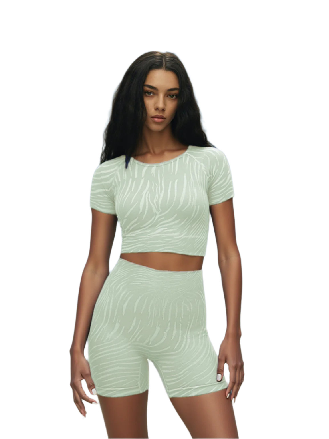 Xooie Fit women's fitted activewear set in mint green with stylish zebra stripes for workouts