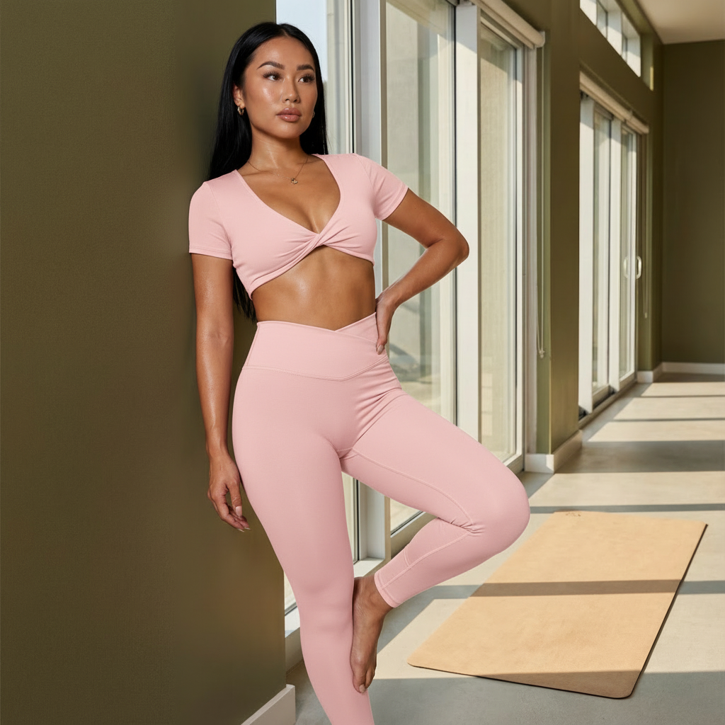 Pink twist crop top and matching high-rise active leggings set