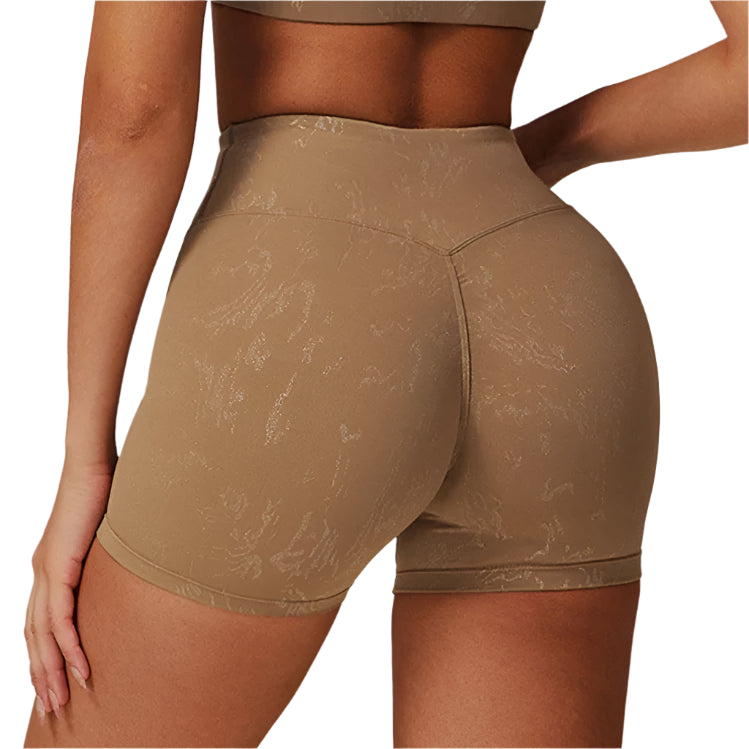 Xooie Fit beige animal print active shorts with high waist and subtle pattern detail