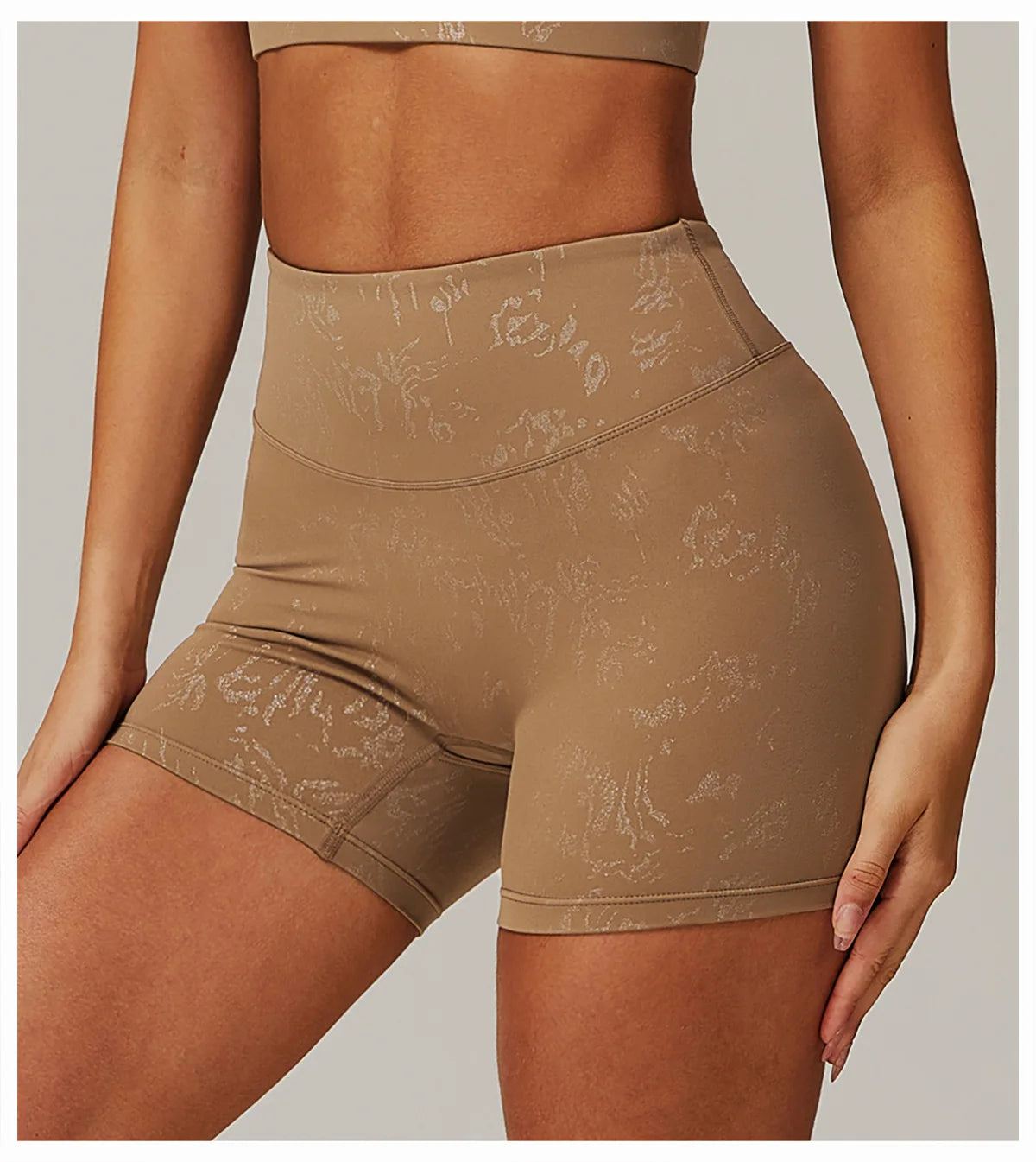 Xooie Fit animal print active shorts in beige with high waist and subtle textured pattern