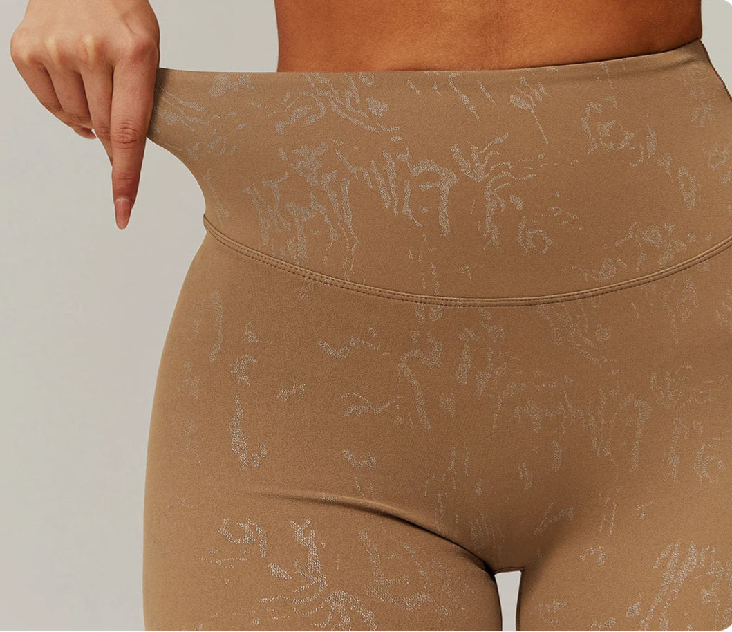 Xooie Fit animal print active shorts in beige stretch fabric with high waistband detail