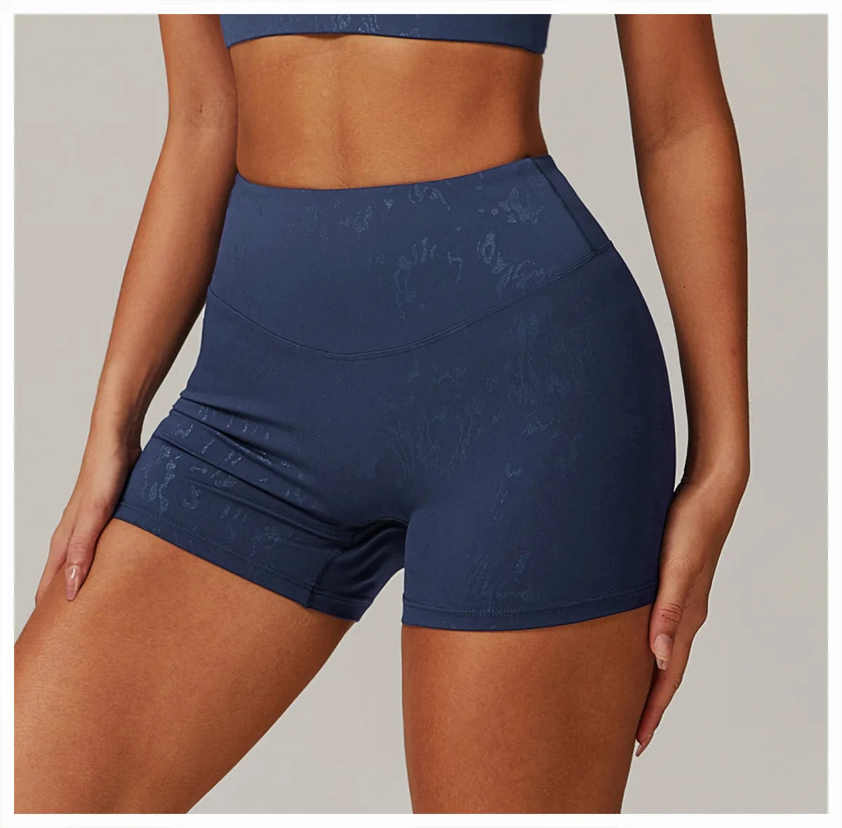 Xooie Fit navy blue animal print active shorts with high waist designed for workout comfort