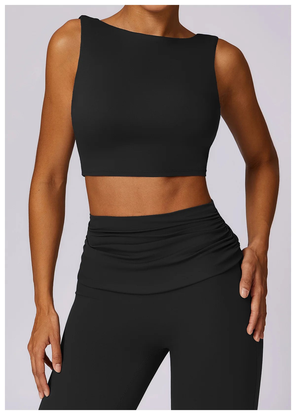 Black high-neck sports bra crop top with racerback