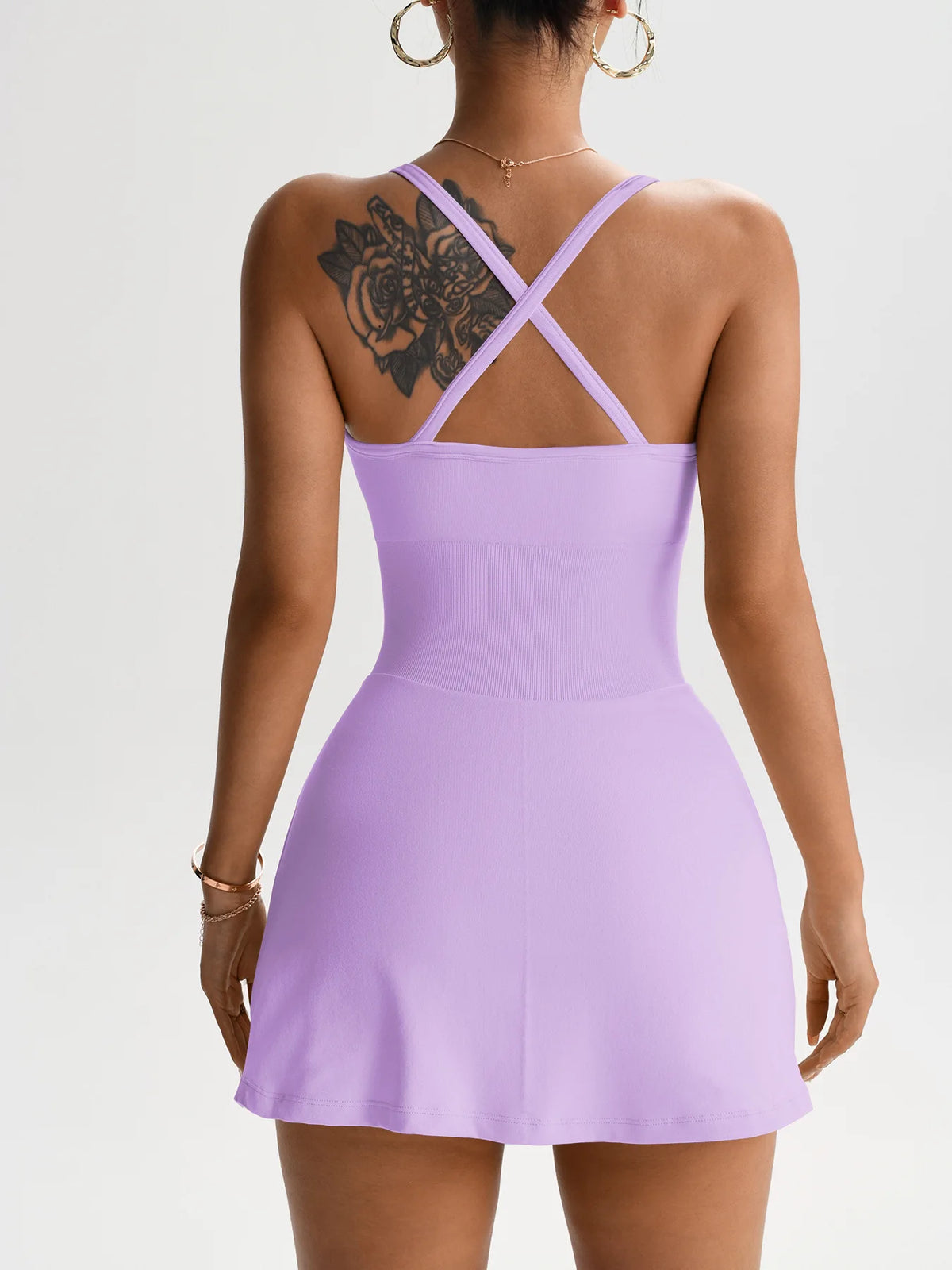 Women's tennis skort dress in lavender, X-back strap crisscross and skort hem