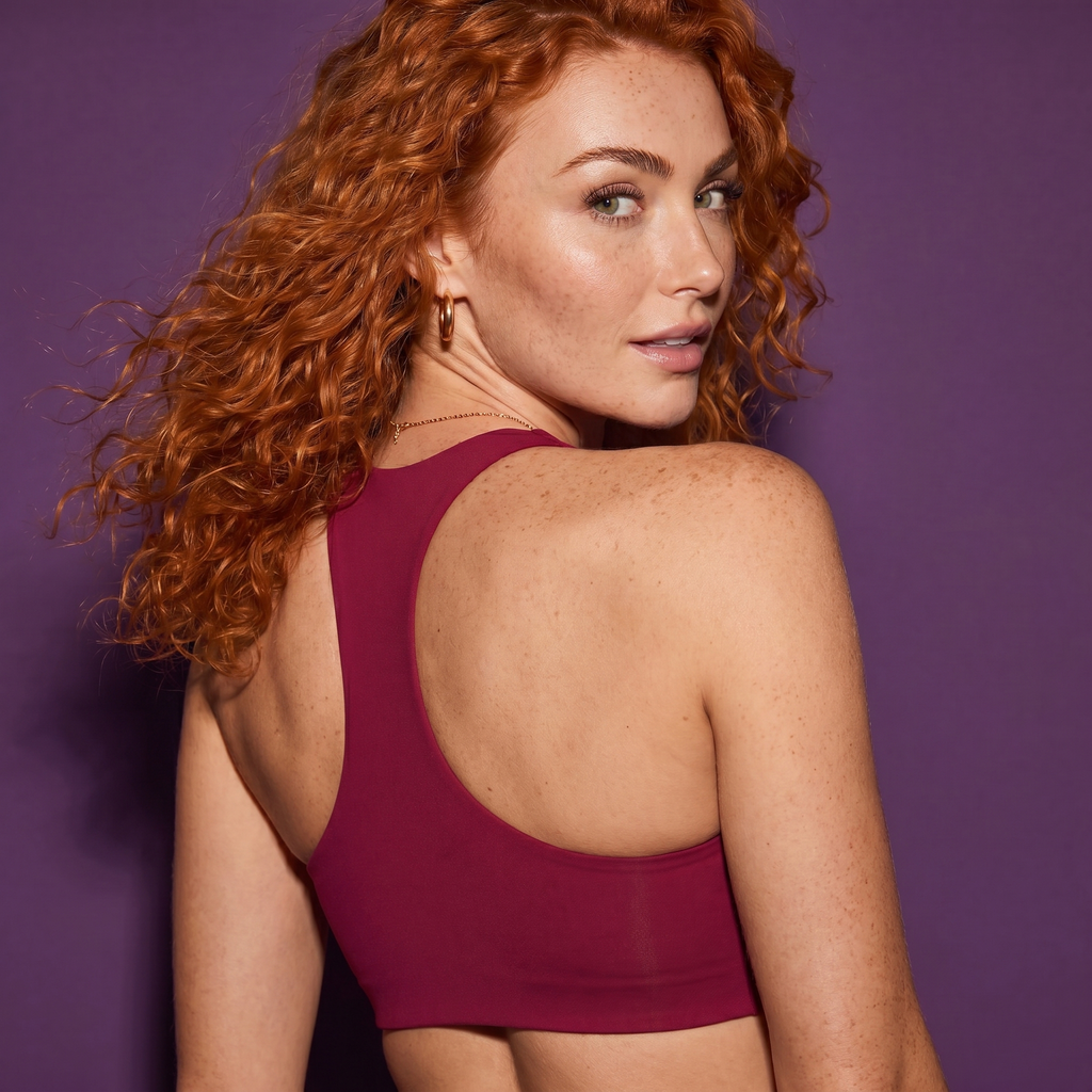High-intensity active sports bra, rose red, racerback back view