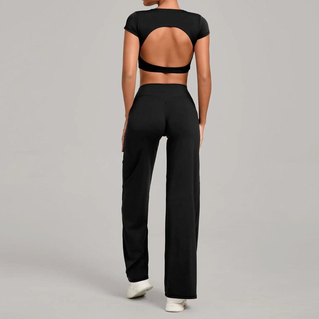Xooie Fit backless crop top and flare pants set for a stylish and comfortable outfit