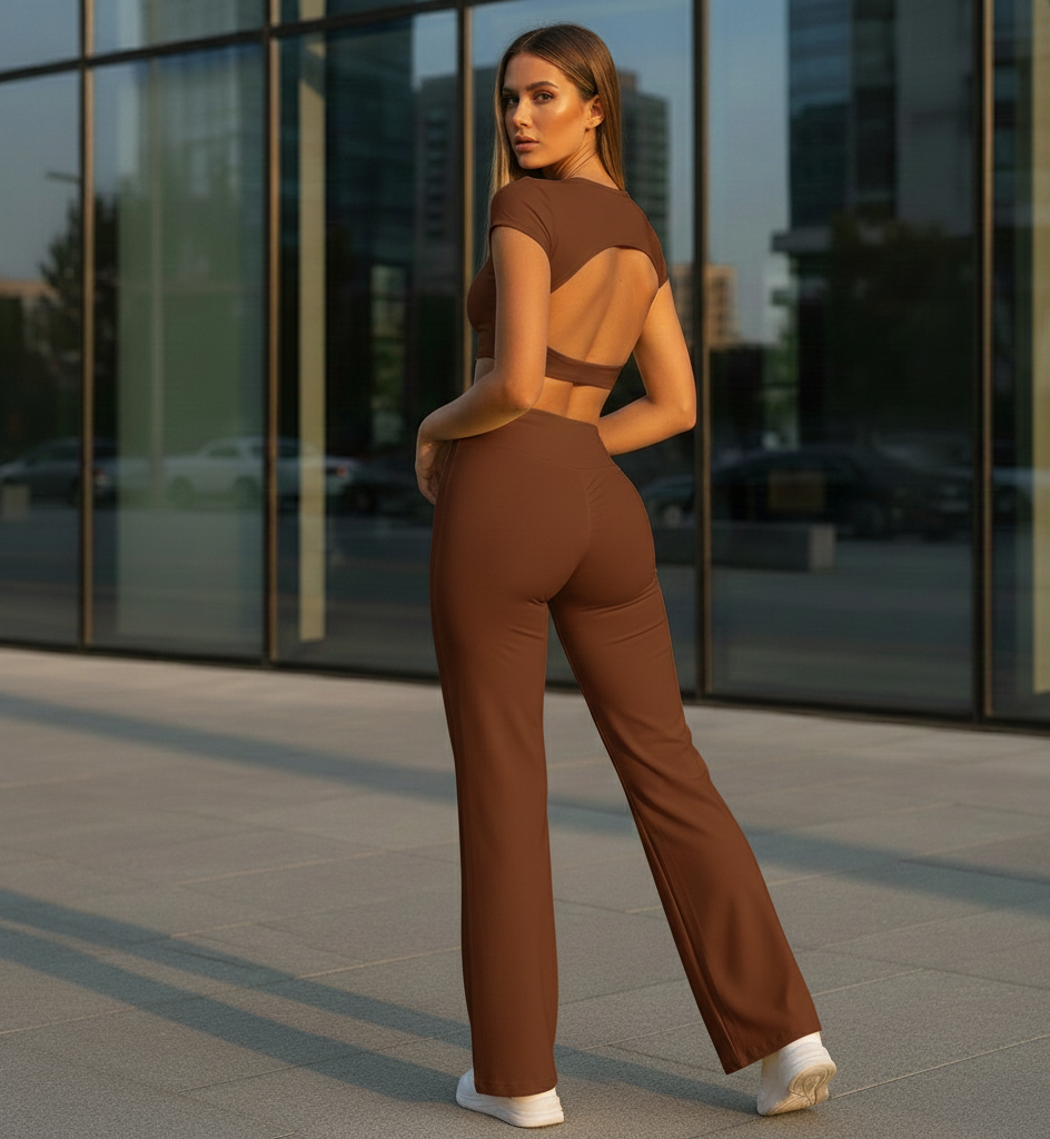 Xooie Fit backless crop top and flare pants set in brown showcasing a stylish design