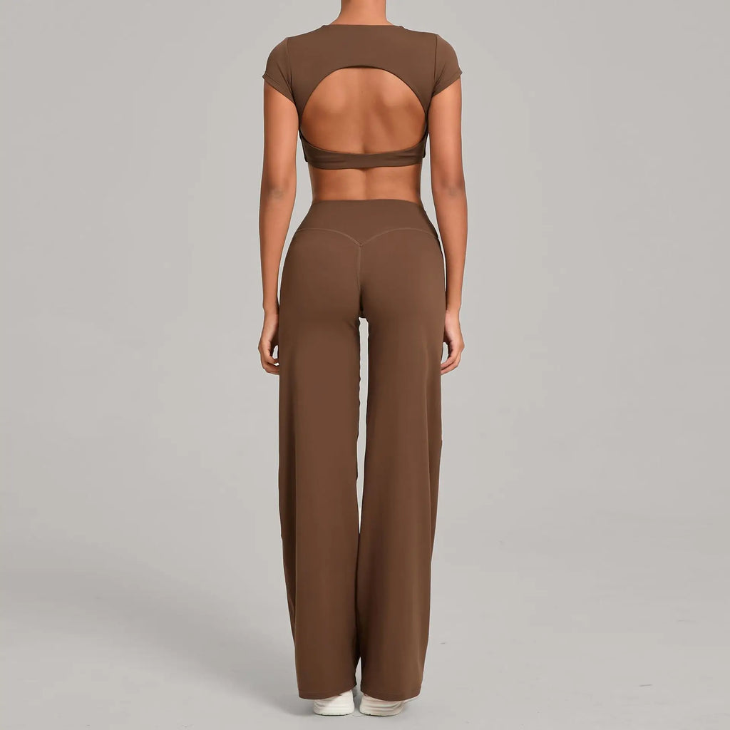 Xooie Fit backless crop top and flare pants set in brown for a stylish and comfortable look