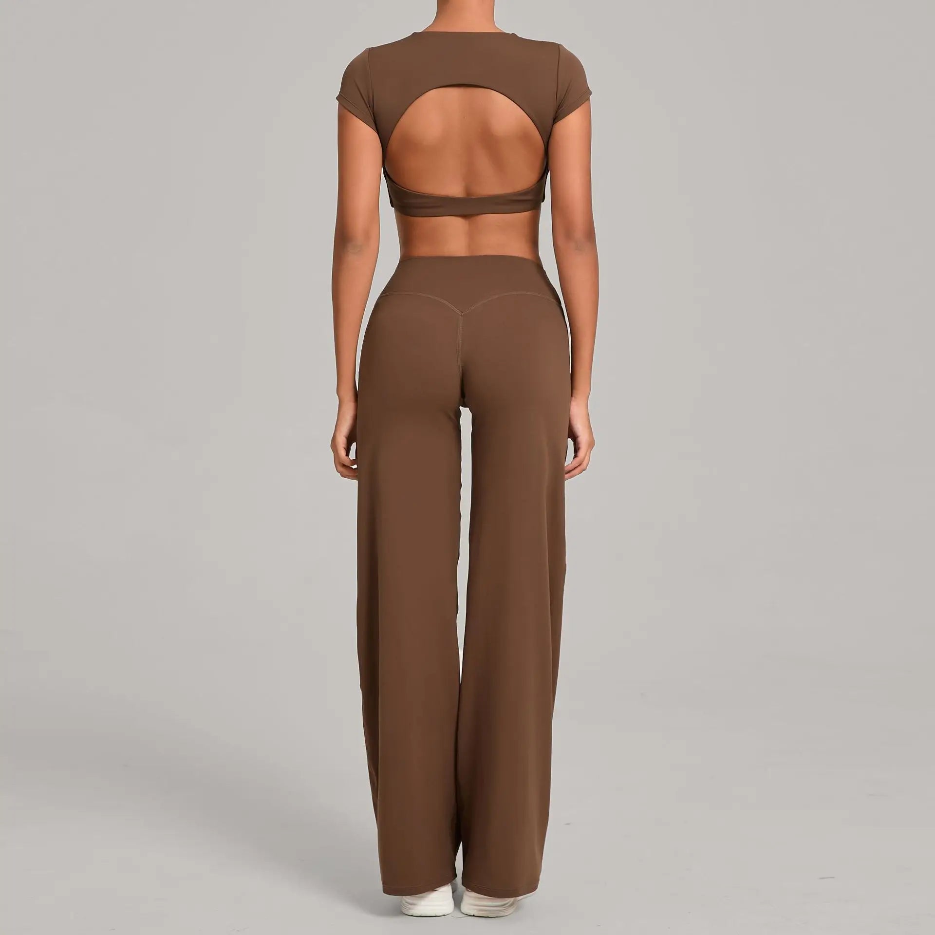 Xooie Fit backless crop top and flare pants set in brown for a stylish and comfortable look