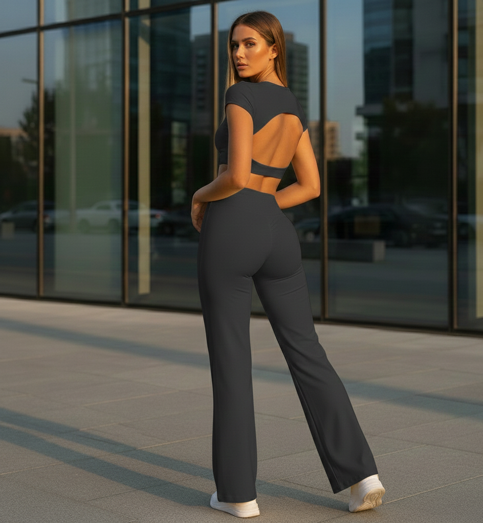 Stylish Xooie Fit backless crop top and flare pants set in dark gray, perfect for chic outings