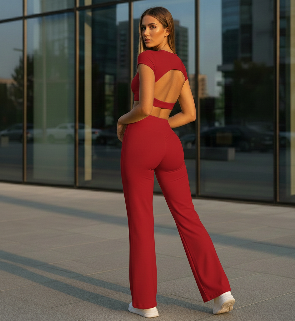 Xooie Fit backless crop top and flare pants set in red displaying a stylish back design