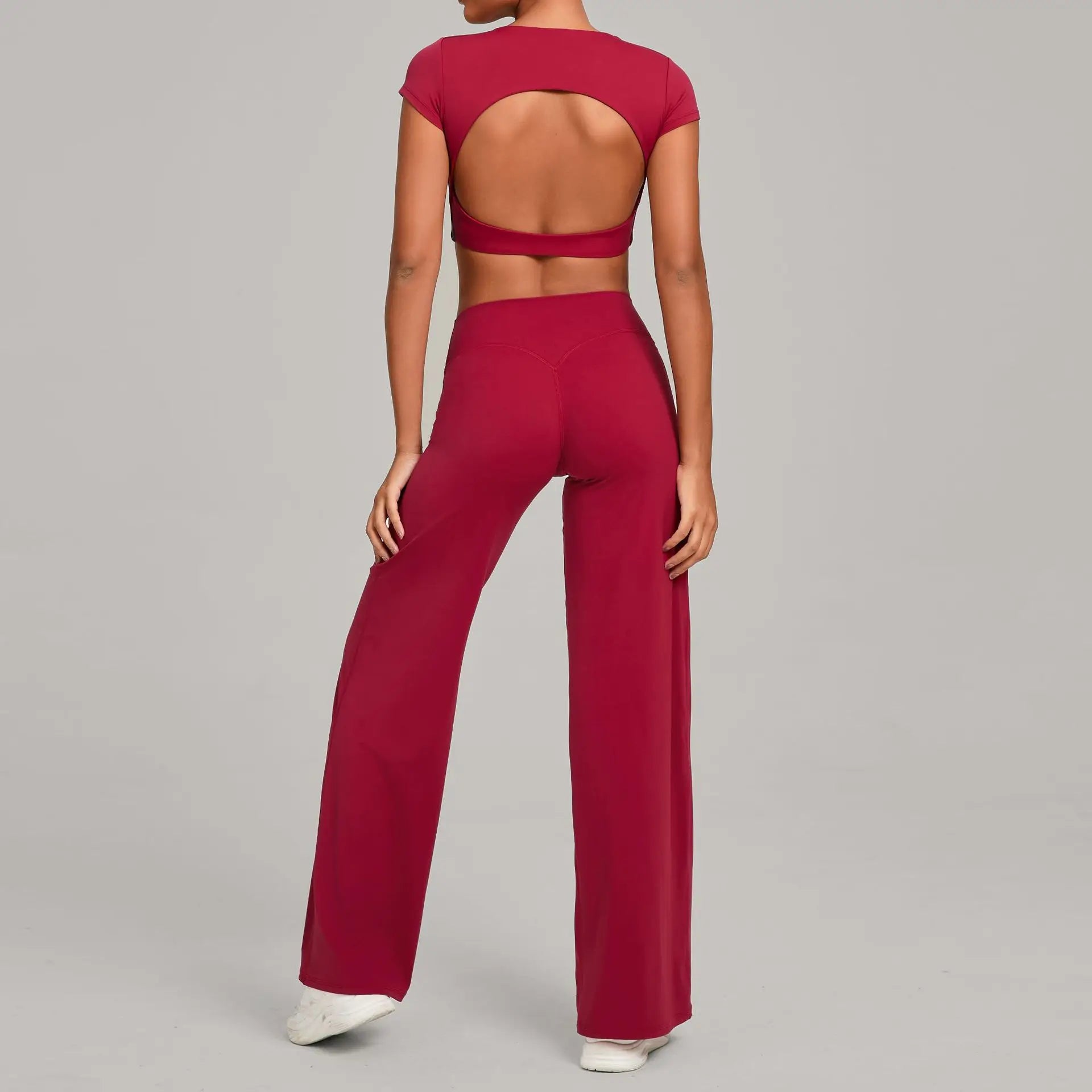Xooie Fit women's backless crop top and flare pants set in red for stylish casual wear