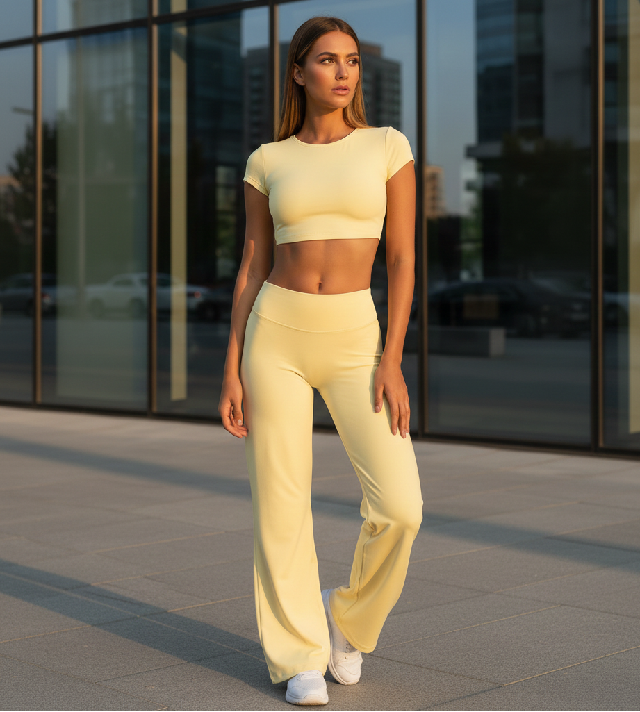Xooie Fit backless crop top and flare pants set in light yellow for a trendy, chic look