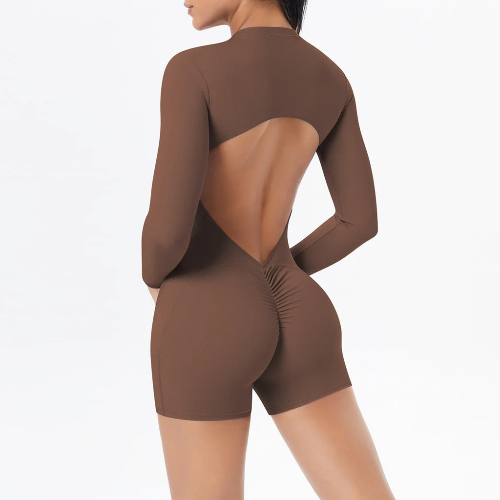 Stylish Xooie Fit backless fitness romper for women in brown with sleek design and back cutout