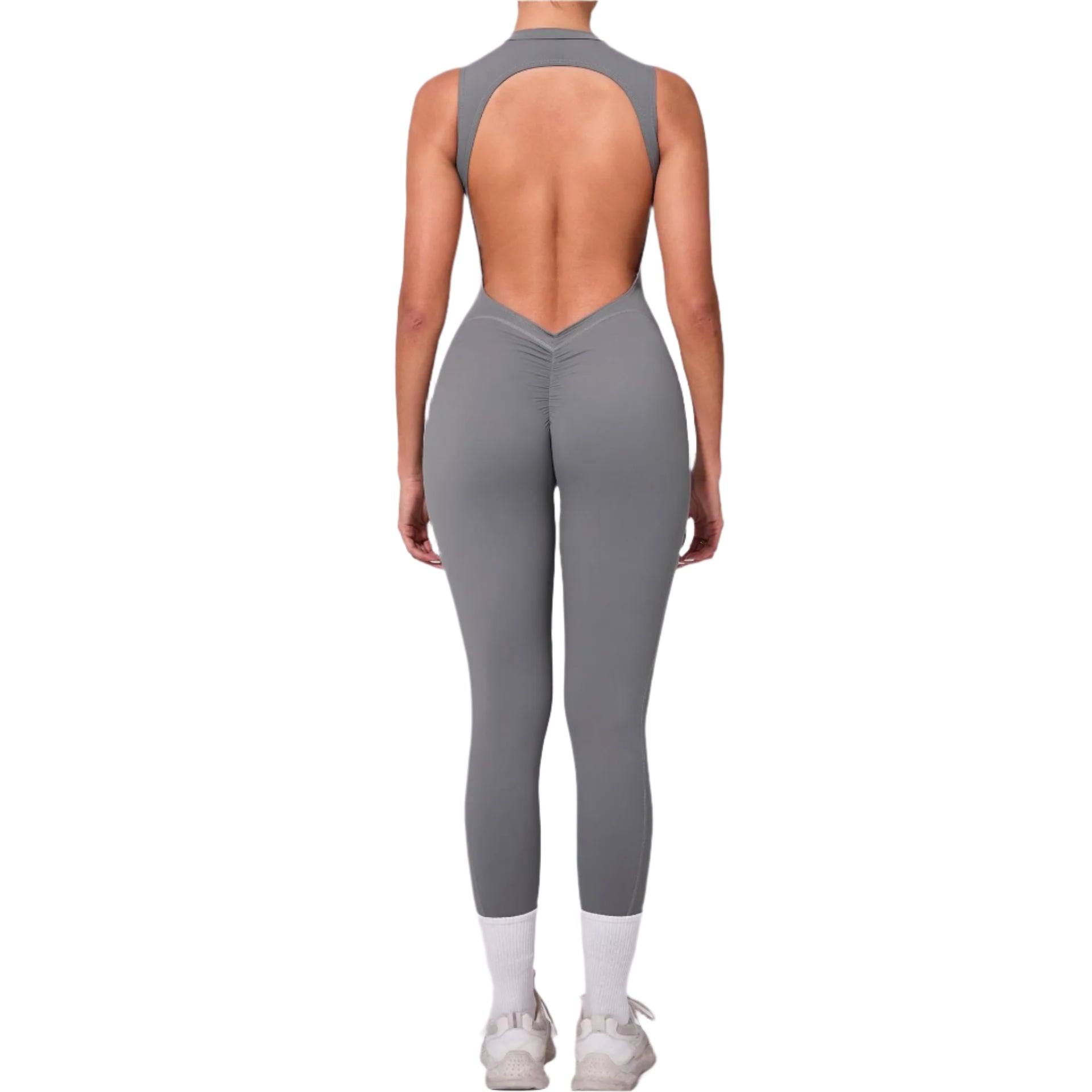 Gray backless jumpsuit for gym by Xooie Fit with stylish cut and body-hugging design