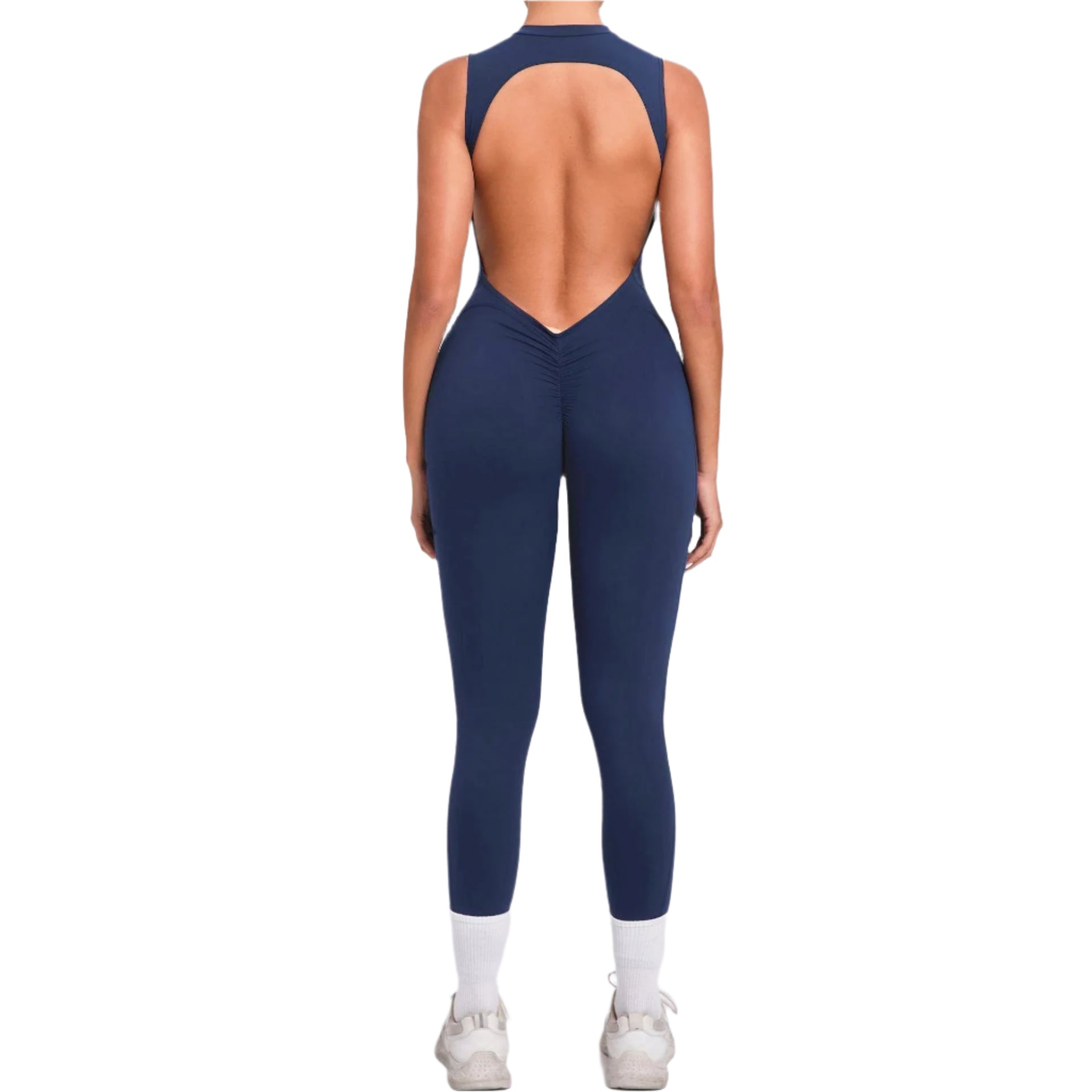 Xooie Fit backless jumpsuit for gym in navy with stylish cutout design