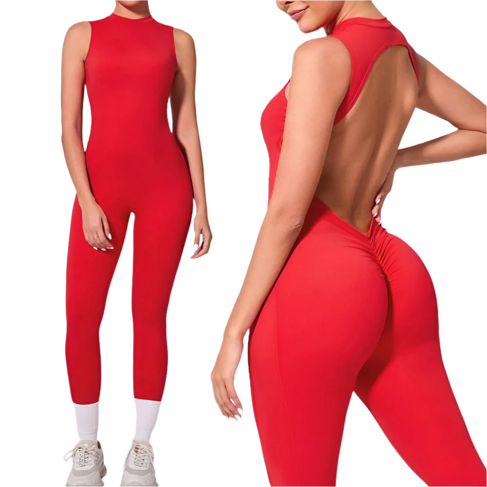Red backless jumpsuit for gym by Xooie Fit with fitted design and sleeveless style