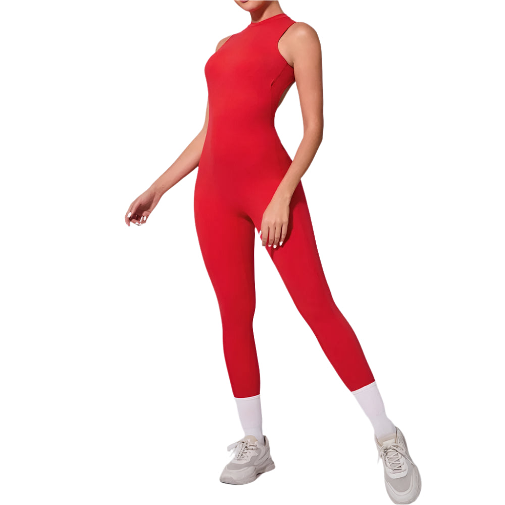 Xooie Fit Red Backless Jumpsuit for Gym with Comfortable Fit and Stylish Design