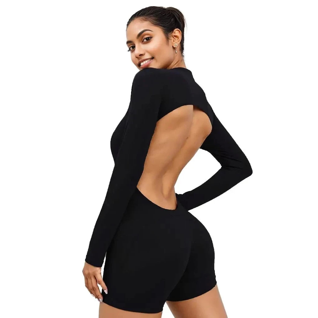 Stylish black backless romper for women featuring long sleeves and a cut-out back design