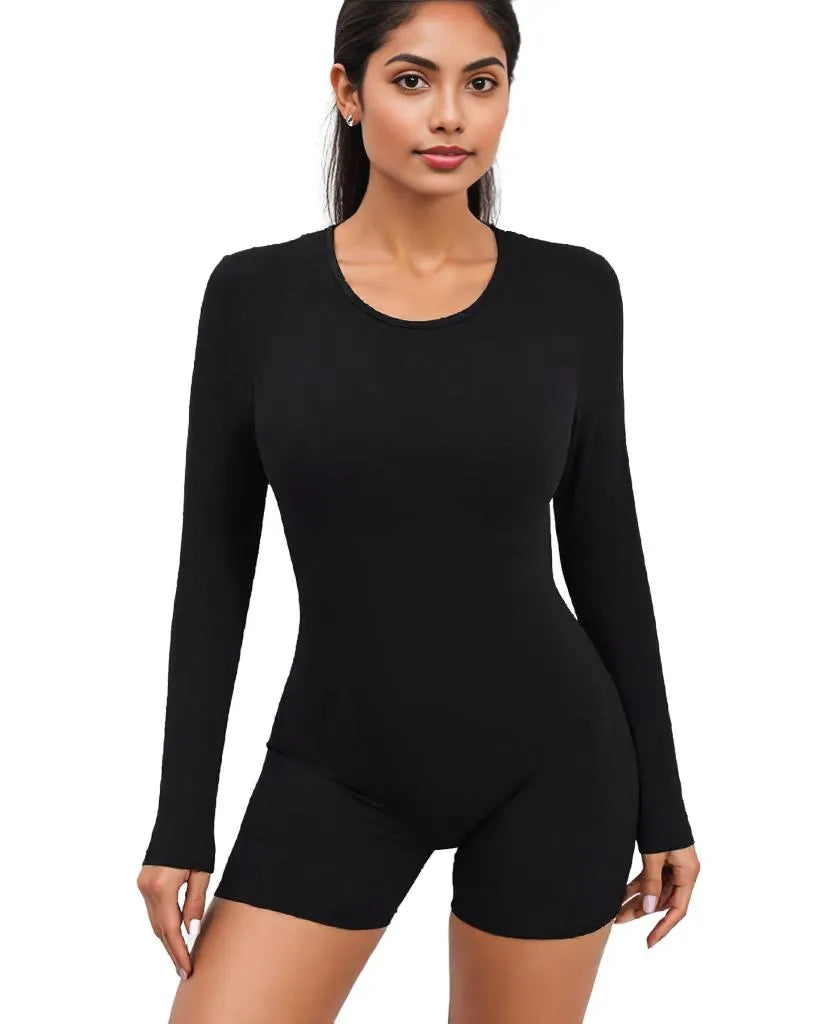 Xooie Fit backless romper for women in sleek black with long sleeves and fitted design