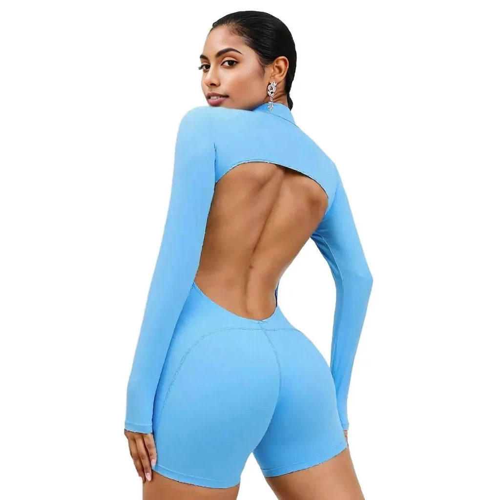 Stylish blue backless romper for women with long sleeves and a stunning open back design