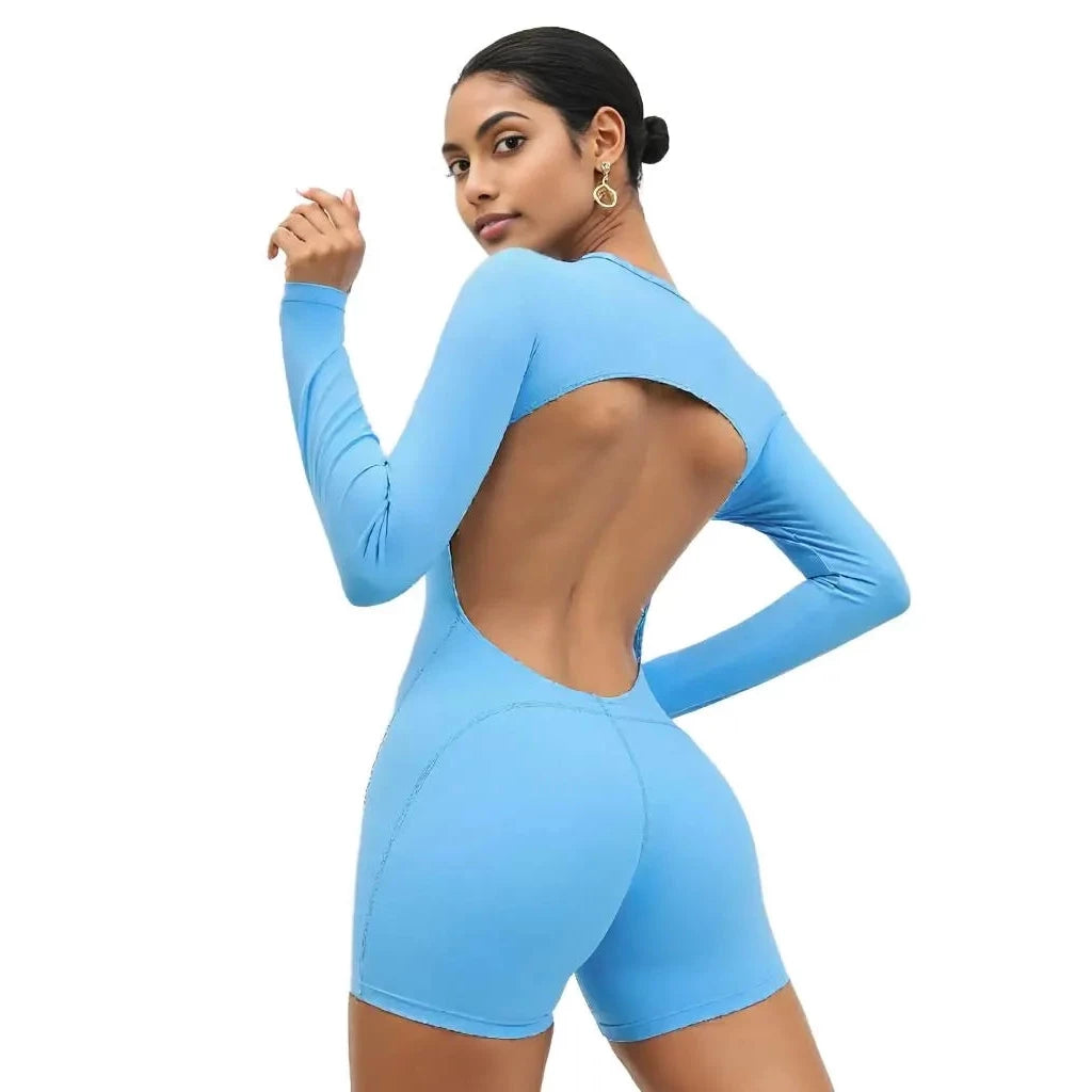 Blue Xooie Fit backless romper for women with long sleeves and a stylish open back design