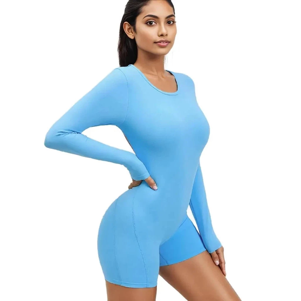 Xooie Fit Sky Blue Backless Romper for Women with Long Sleeves for a Stylish Look